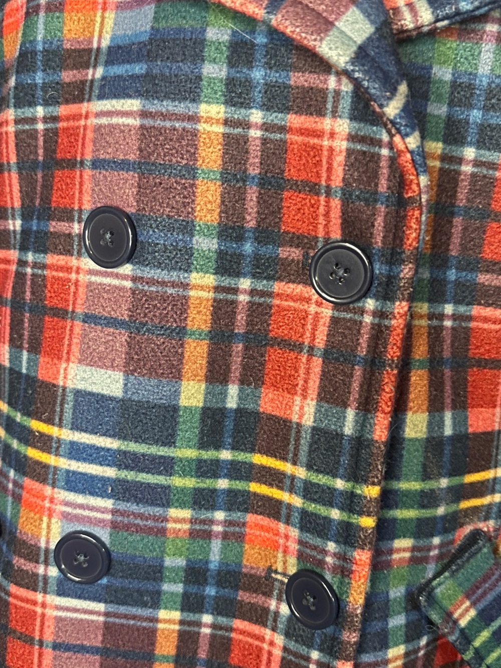 Time and Tru Red Navy Green Plaid Double-Breasted Peacoat with Yellow Accents - Picture 5 of 6